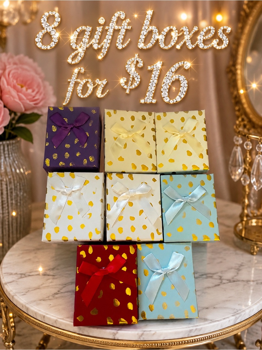 Set of 8 Decorative Gift Boxes with Gold Dot Accents & Ribbon on front